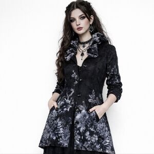 VTG Gothic Punk Whimsigoth Black Floral Lace Ruffled Collar Button Front Coat